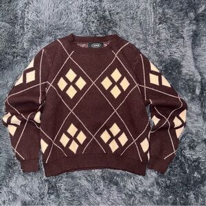 Cider Brown Crewneck Sweater with Cream Argyle Motif